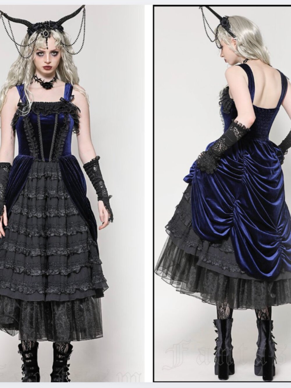 Dark In Love Indigo Dusk Midi Dress Large Romantic Gothic Blue Velvet Sleeveless